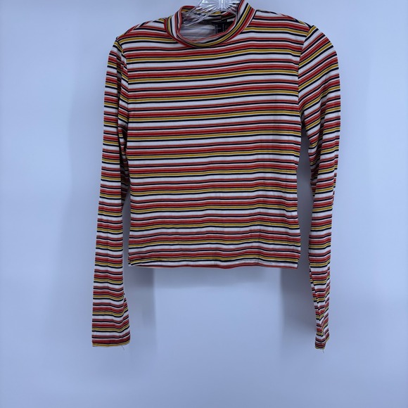 Forever 21 Striped Mock Neck Long Sleeve Top Red Yellow White Casual - Picture 1 of 4